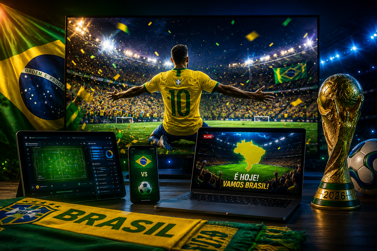 Torcedor assistindo a Copa do Mundo 2026 em múltiplas telas com transmissão de TV e streaming em ambiente moderno e tecnológico.