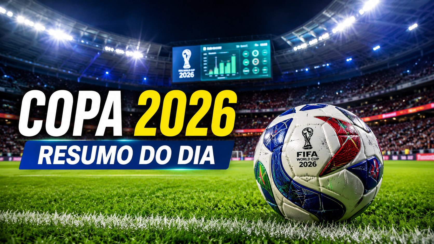 Estádio de futebol iluminado com bola em primeiro plano representando o resumo da Copa do Mundo 2026.