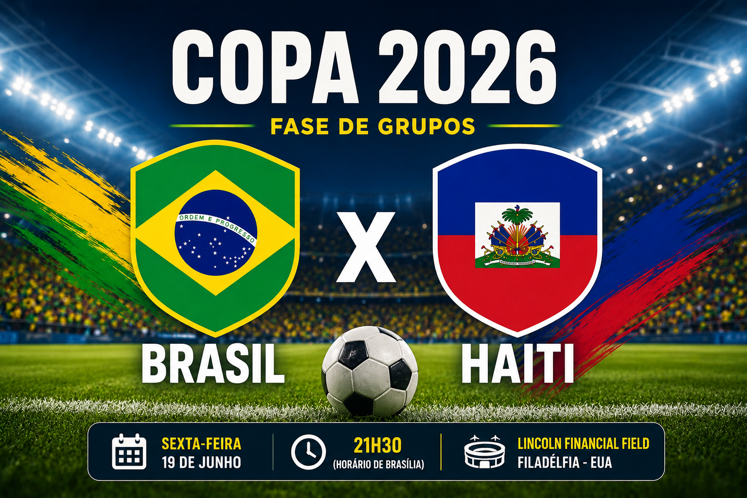 Torcida brasileira acompanhando o jogo Brasil x Haiti pela Copa do Mundo 2026.